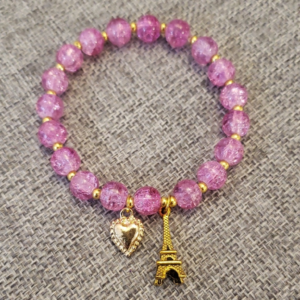 Pink Glass Beaded Stretch Bracelet with Eiffel Tower and Heart Charms